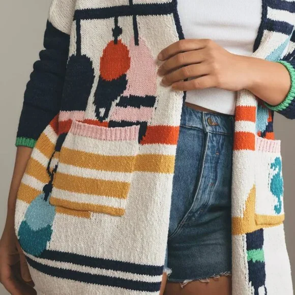 Anthropologie Maeve Nautical Buoy Cardigan Sweater Whale Seahorse S M NWT